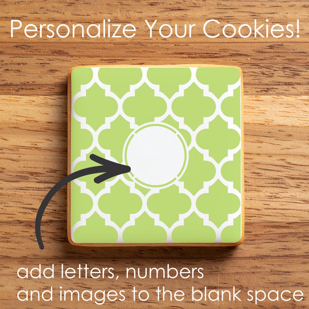 Green and white patterned cookie with instructions on how to use the stencil.