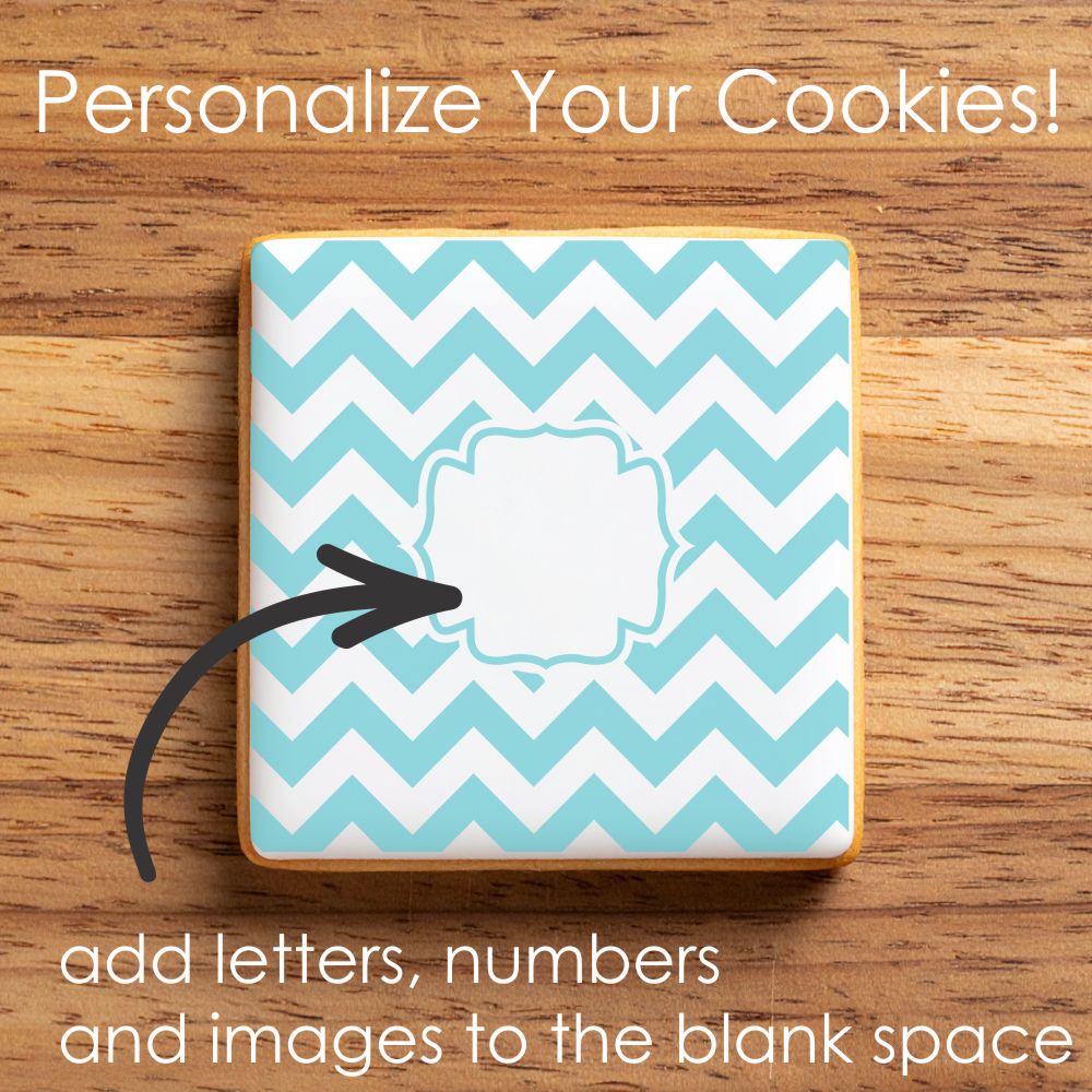 Cookie with blue and white zigzag pattern on a wooden surface, promoting customization.