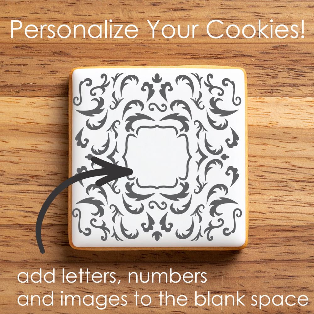 Decorative cookie with a pattern on a wooden surface, text encourages personalization.