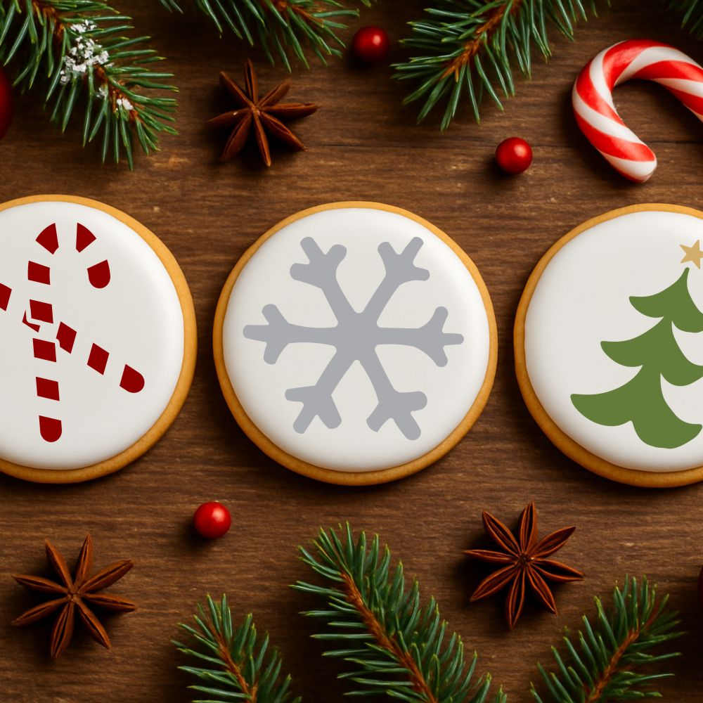 Three Christmas-themed cookies with candy cane, snowflake, and tree designs stenciled on it. Lying on a wooden surface with festive decorations.