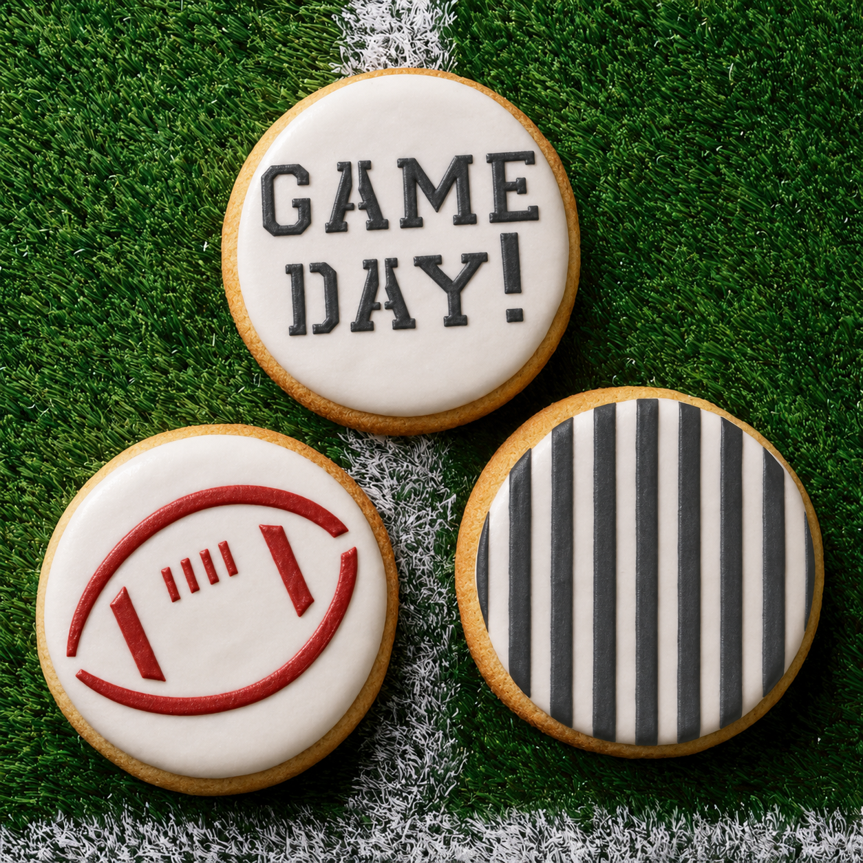 Three round iced sugar cookies displayed on a green turf field background with white yard-line markings. One cookie is white with black text reading 'GAME DAY!', one is white with a red football outline, and one has black and white vertical stripes.