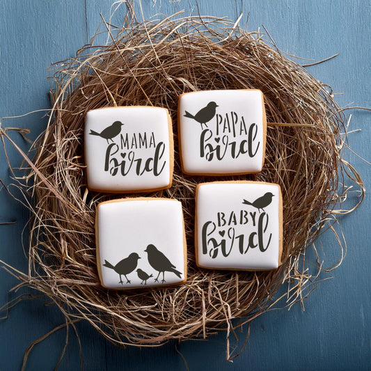 Bird Theme Cookies for Baby Showers, Mother's Day and Father's Day using Bird Family Cookie Stencil Set.