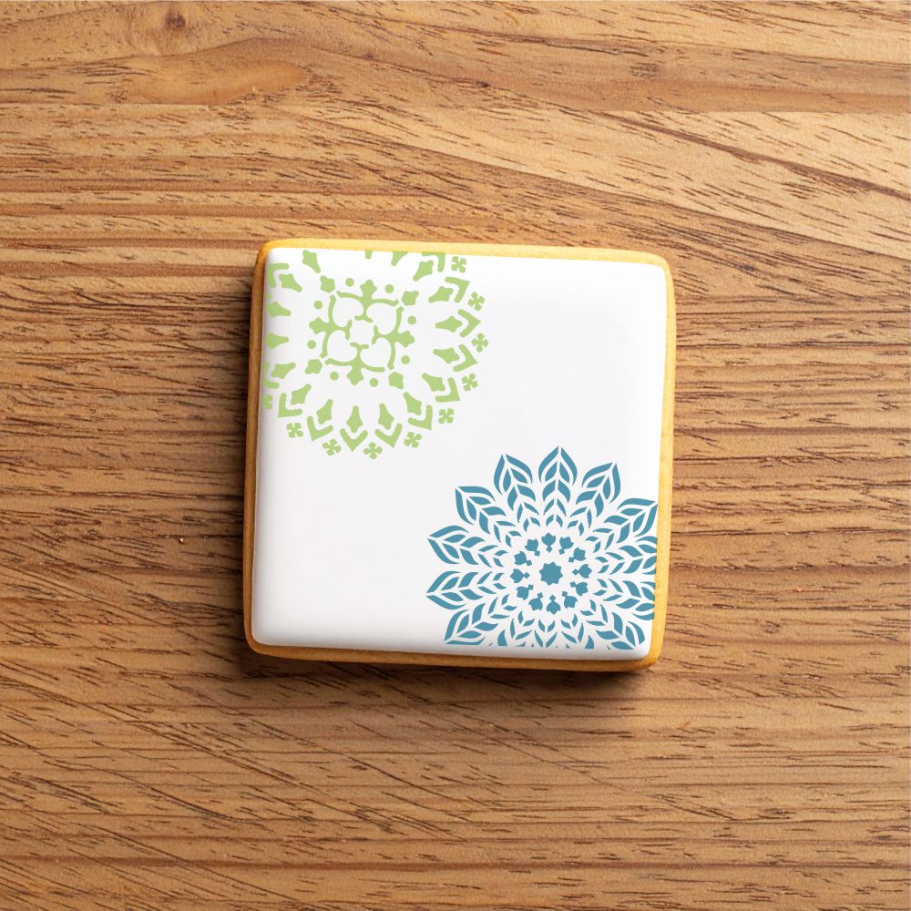 Cookie decorated using the Mandala Cookie Stencil Edger