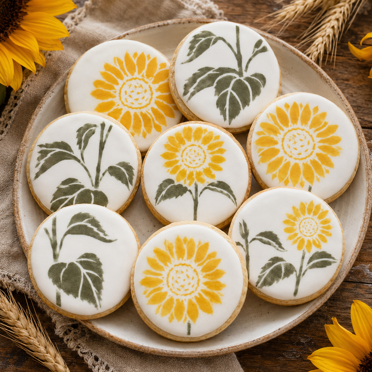 Nine round sugar cookies decorated with white icing and yellow sunflower motifs, arranged on a beige ceramic plate with wheat stalks and sunflower petals around it.