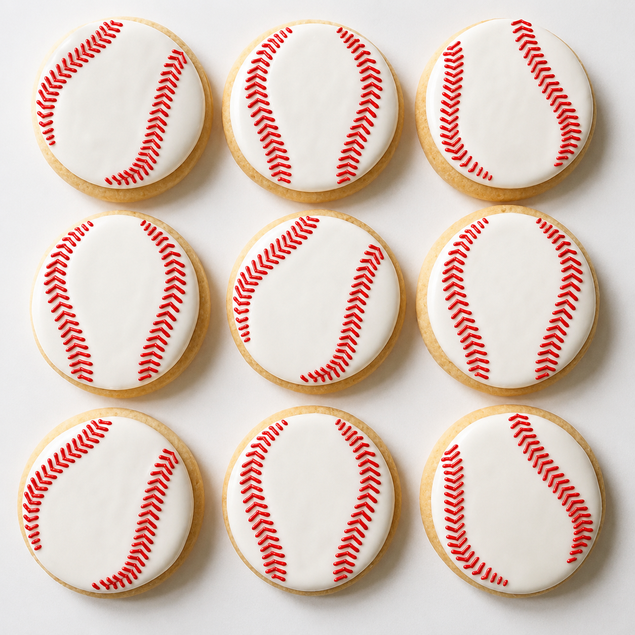 Nine baseball-themed round sugar cookies decorated with white icing and red seam details, arranged in a 3x3 grid on a light background.