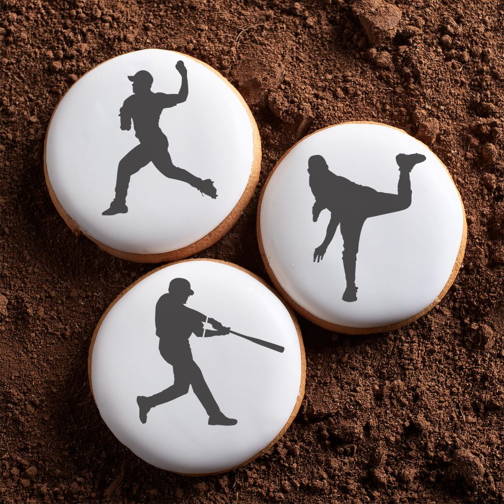 Baseball Players Cookie Stencils applied to round cookies