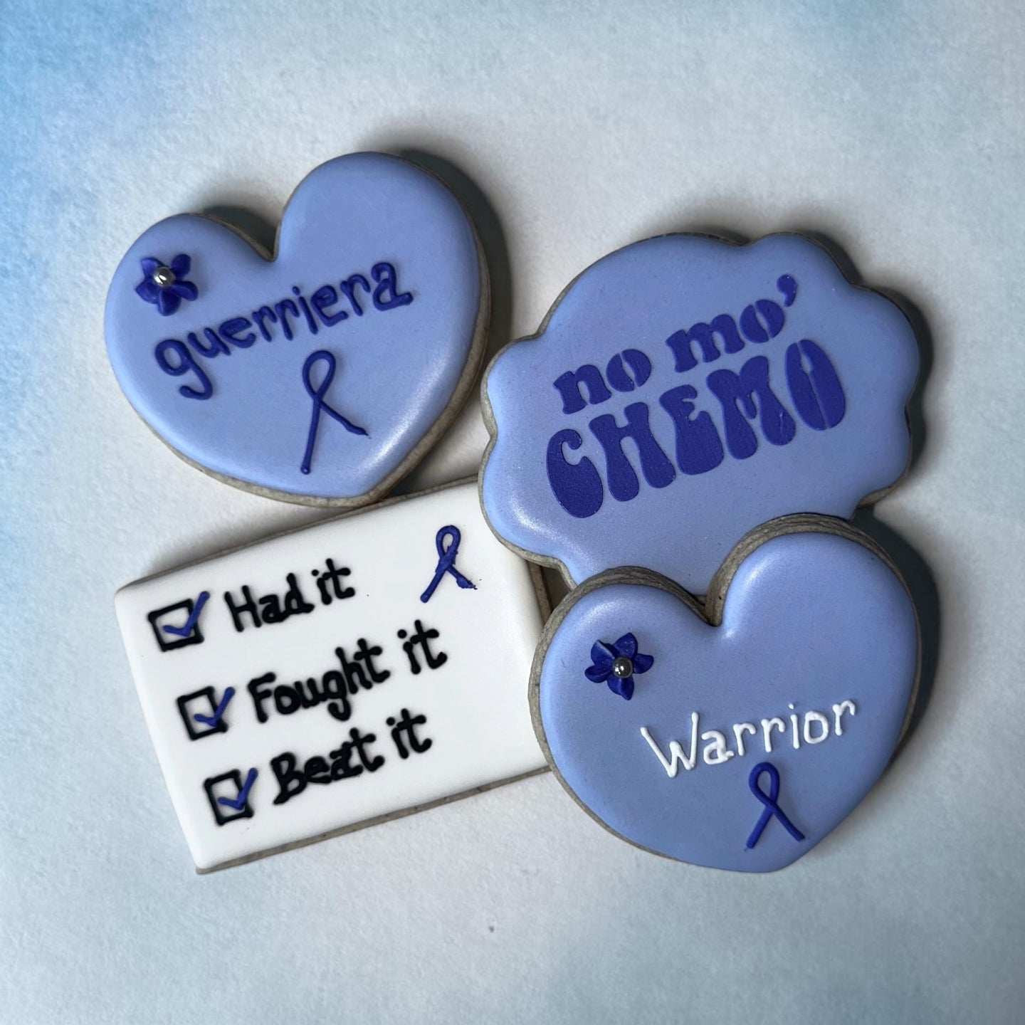 Cookies for someone who just beat chemo with our "No Mo Chemo" reusable cookie stencils.