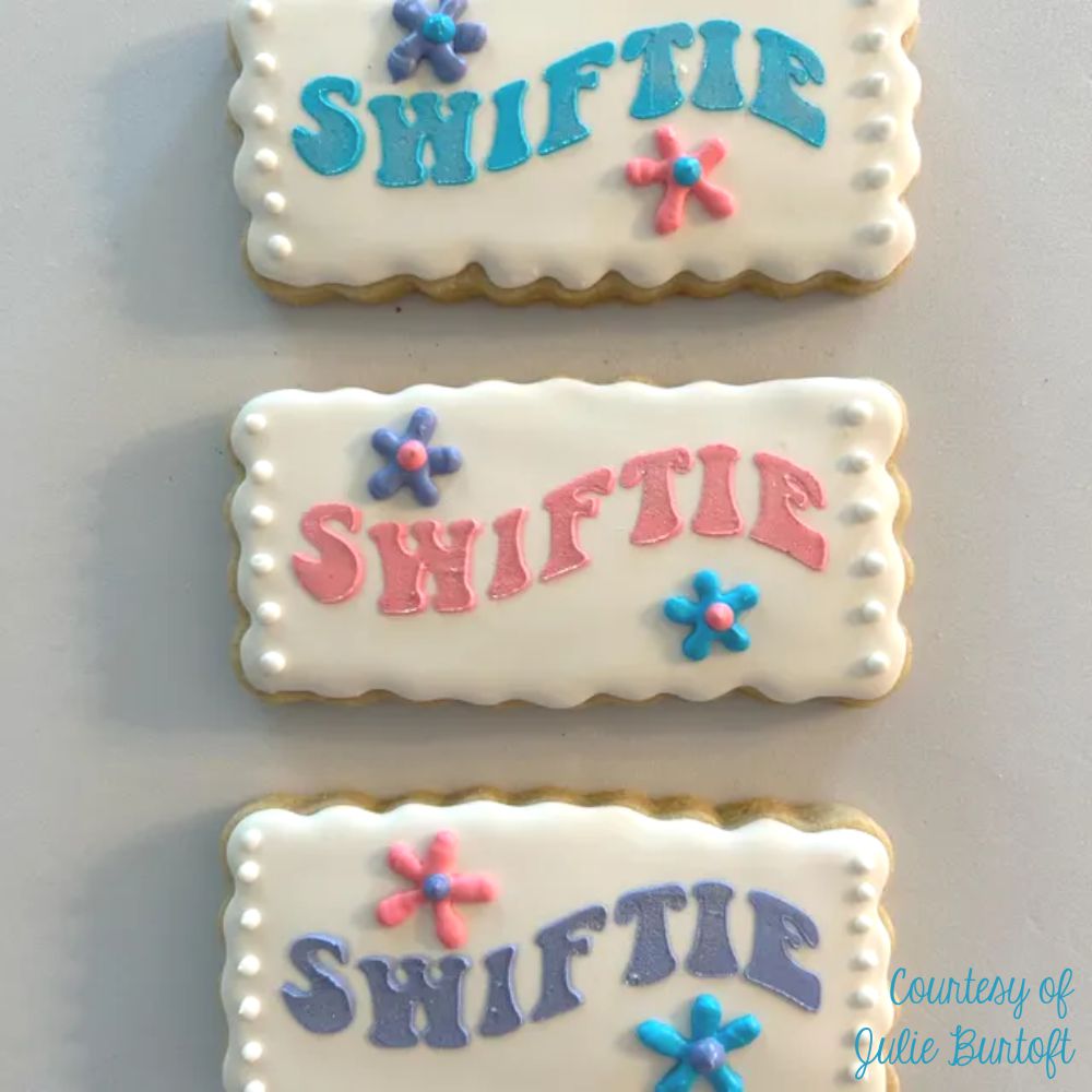 taylor swift cookie stencils used on a cookie decorated by Julie Burtoft