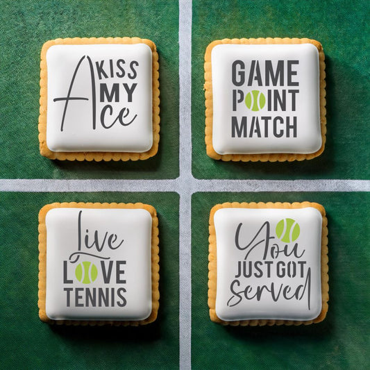 Cookies decorated with the Tennis Messages Cookie Stencil