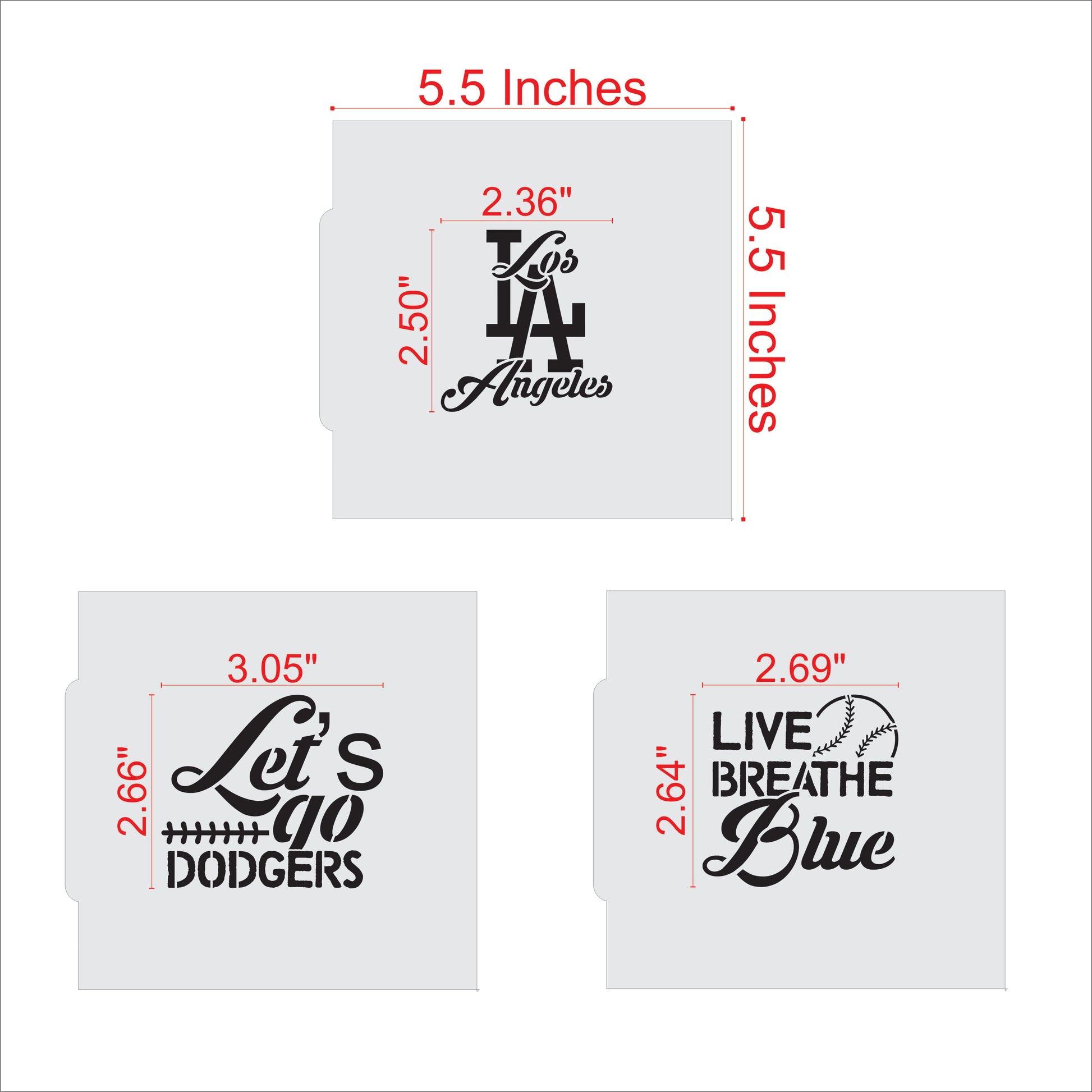 Dodgers Baseball Live Breathe Blue Baseball Cookie Stencil Set Measurement