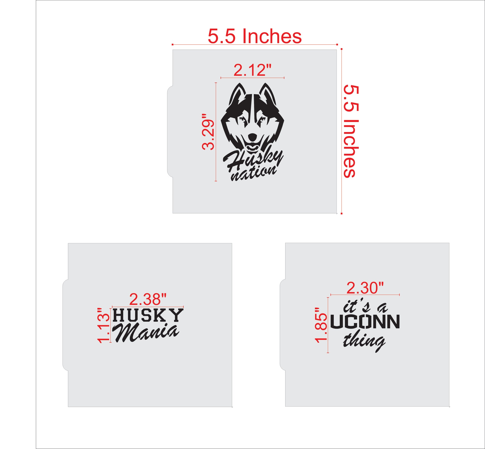 UCONN Husky Cookie Stencil Set Measurement