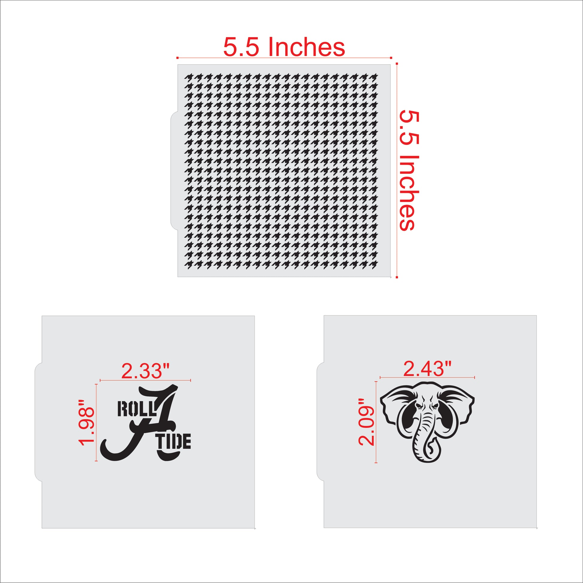 Alabama Crimson Tide Cookie Stencil Set Measurement