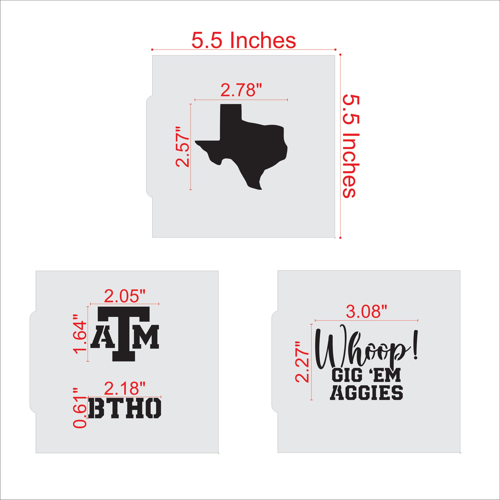 Texas A&M Aggies Cookie Stencil Set Measurements