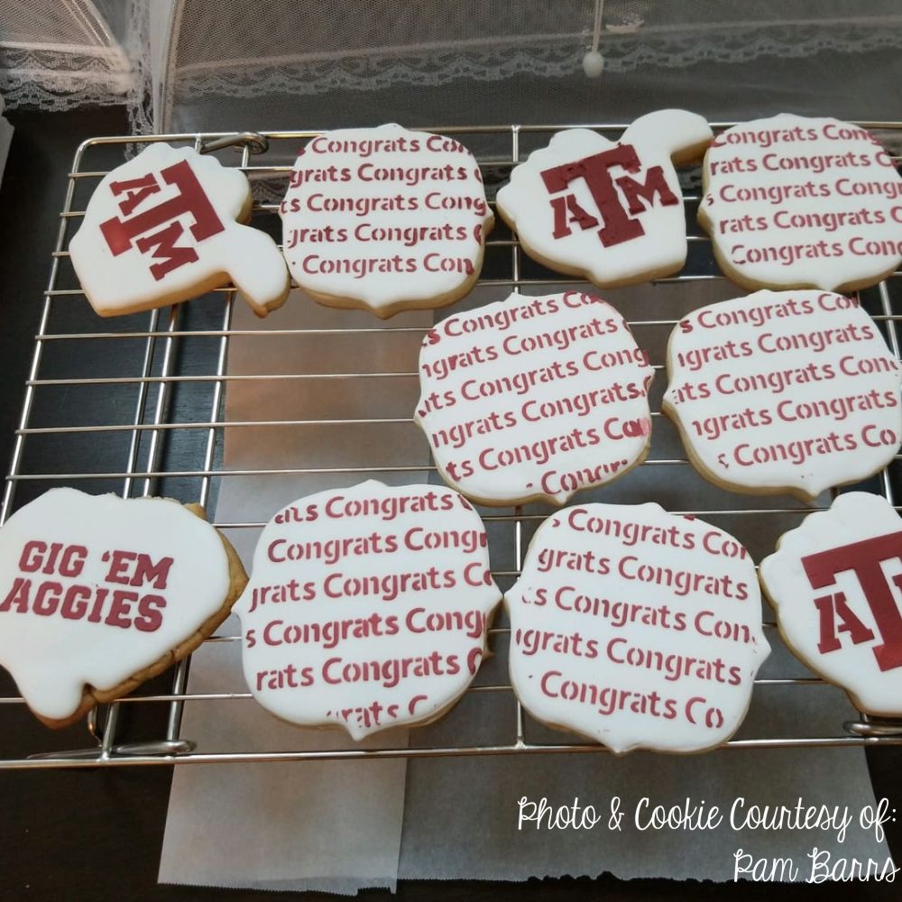 Texas A&M Cookies decorated by Pam Barrs using cookie stencils by Confection Couture Stencils