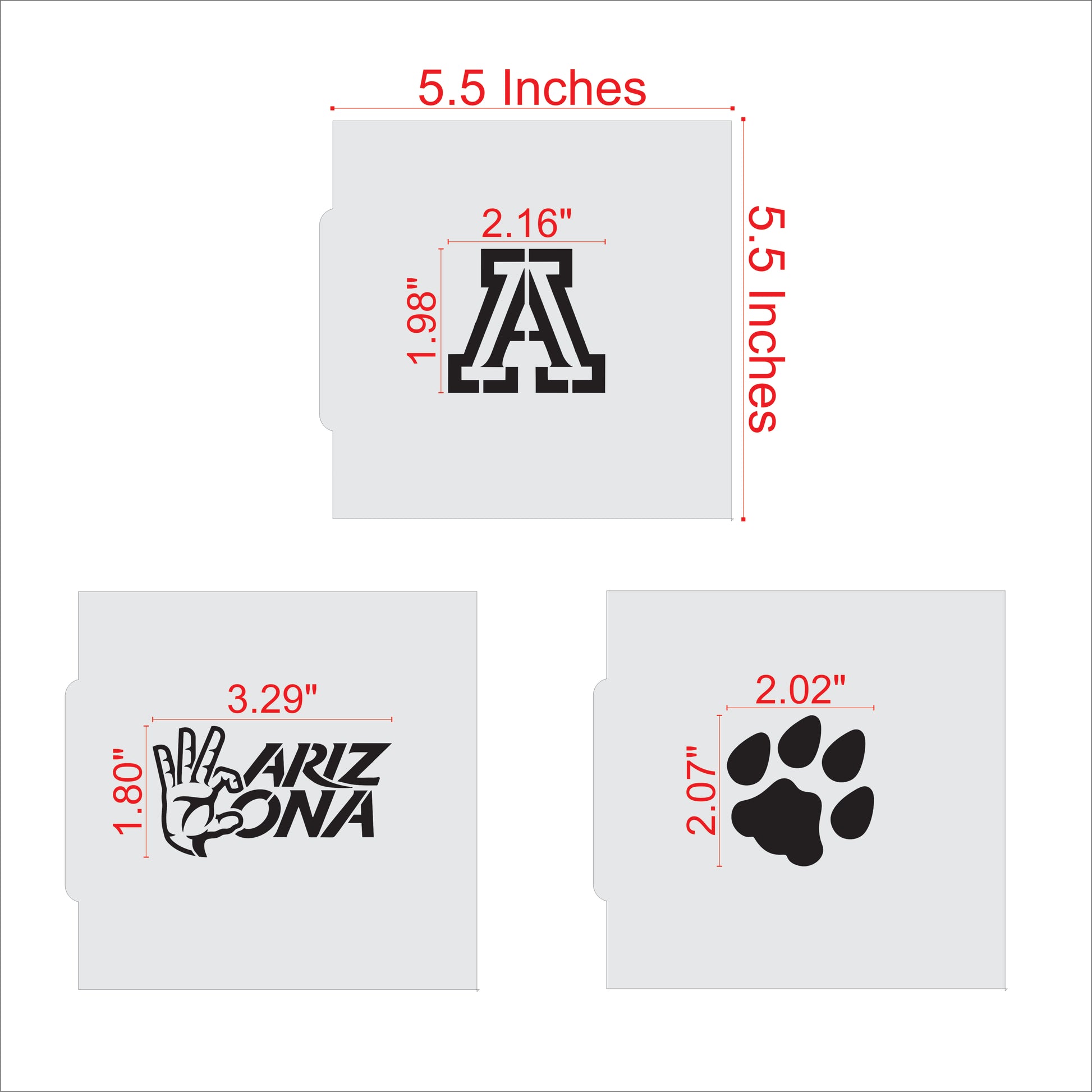 Bear Down University of Arizona Cookie Stencil Set Measurements