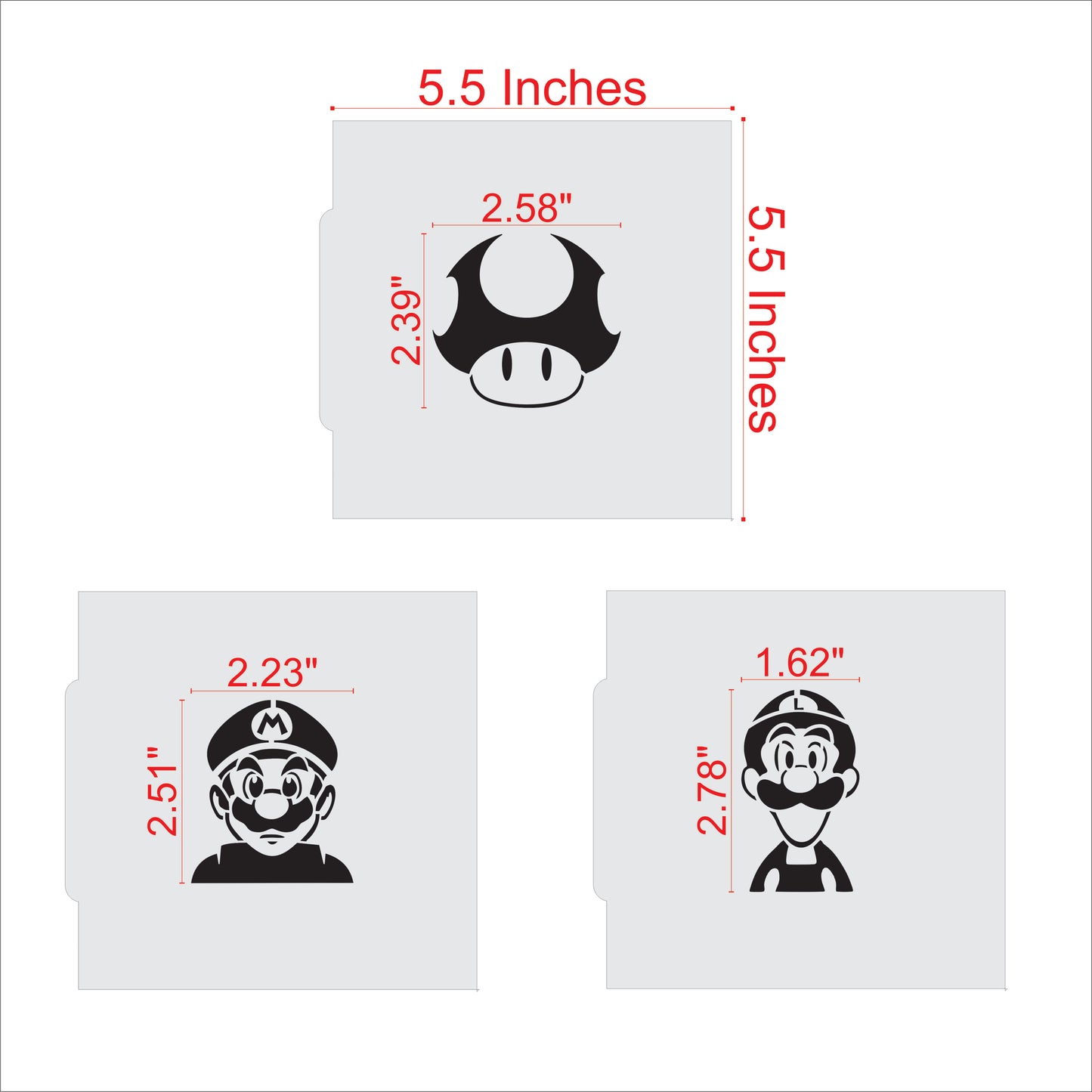 Mario Characters Cookie Stencil Set Measurements