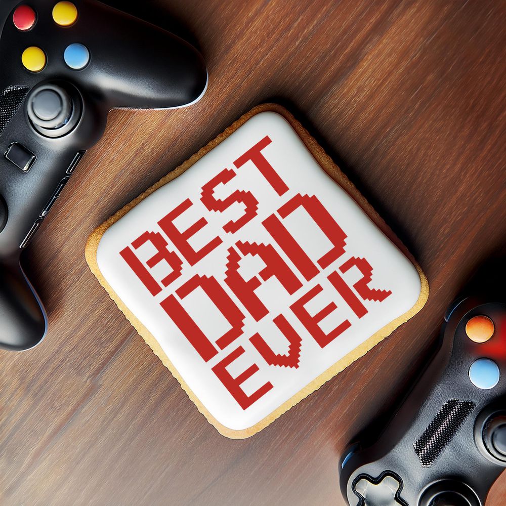 Video Game Best Dad Ever Cookie Stencil applied to a white iced cookie