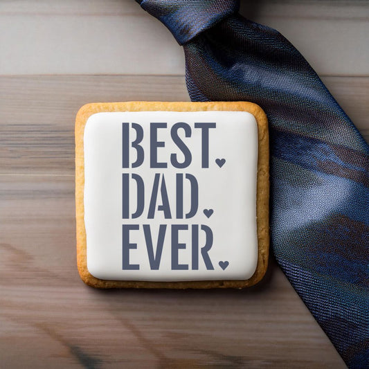 Best Dad Ever Cookie Stencil applied to a iced cookie for Father's Day and Birthdays.