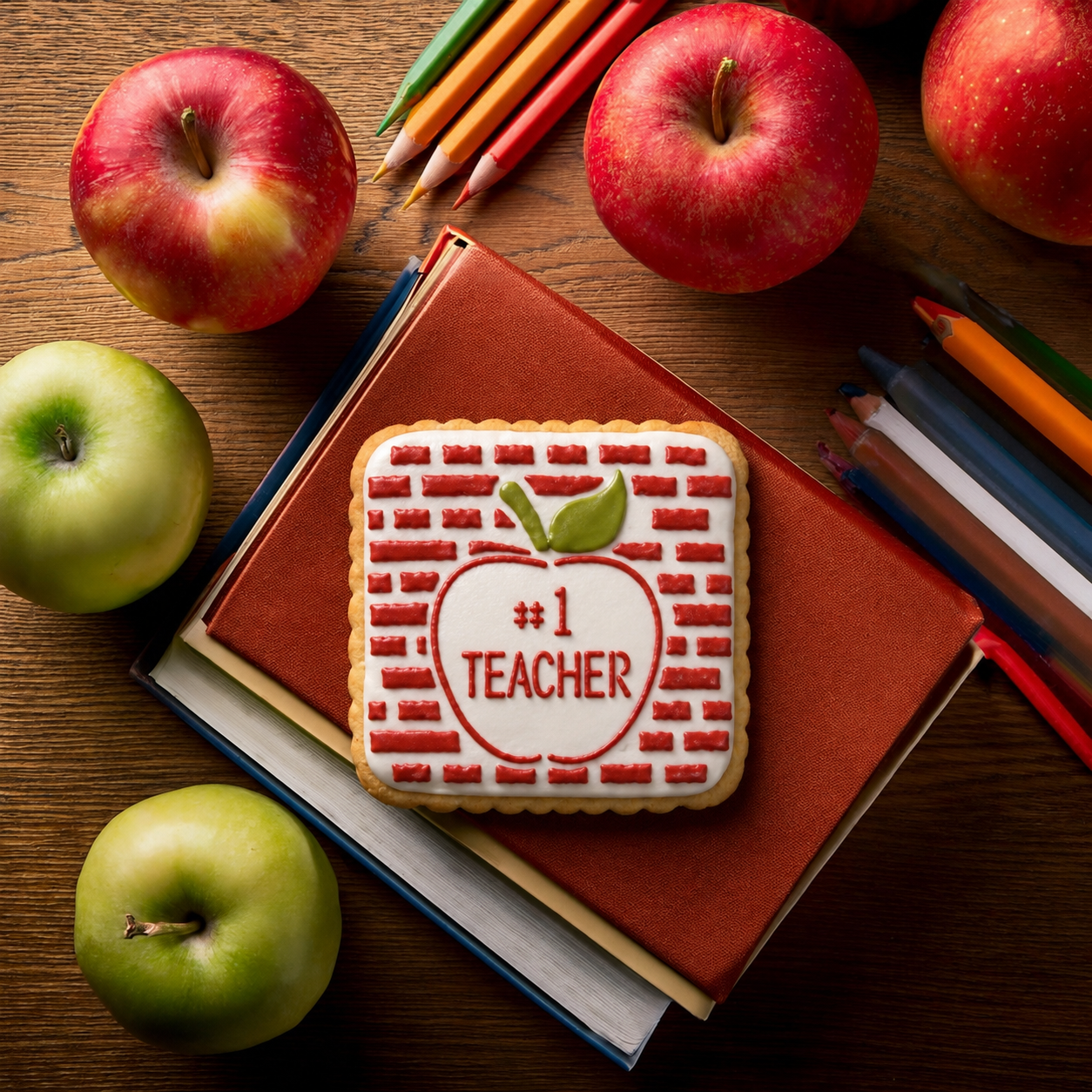 A square decorated cookie with an apple design and the text '#1 TEACHER' sits on top of stacked books, surrounded by red and green apples and colored pencils on a wooden surface.