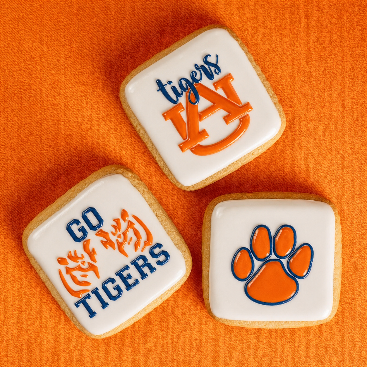 Three square white-frosted cookies with Auburn Tigers graphics, arranged on a solid orange background. One cookie features the Auburn 'A' logo with 'tigers' in blue script, another reads 'GO TIGERS' with tiger faces, and the third shows an orange paw print outlined in blue.