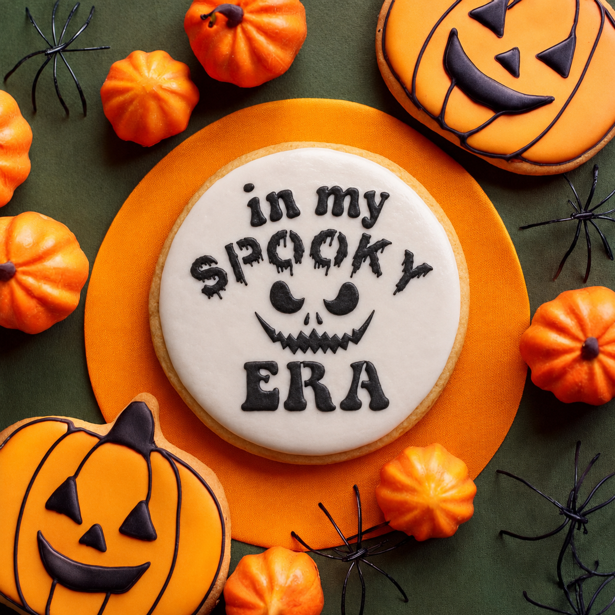 In My Spooky Era Halloween cookie stencil on a cookie surrounded by pumpkins and spiders, perfect for bakers this season.