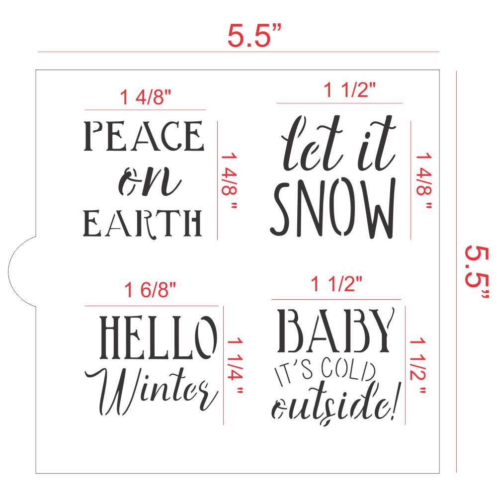 Winter-themed cookie stencil sheet featuring 'Peace on Earth', 'Let it Snow', 'Hello Winter', and 'Baby It's Cold Outside'.