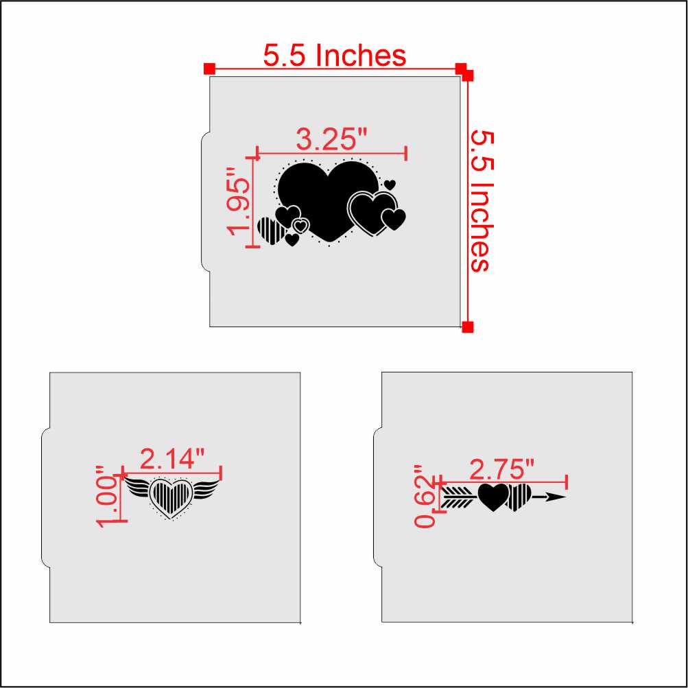 Valentine Hearts Cookie Stencil Set sizes and dimensions for decorating cookies with love.