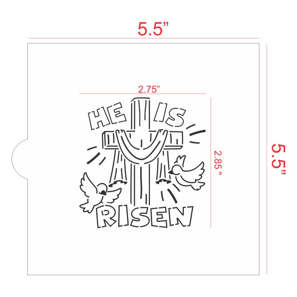 He Is Risen cookie stencil design featuring a cross and doves, perfect for Easter PYO cookies.