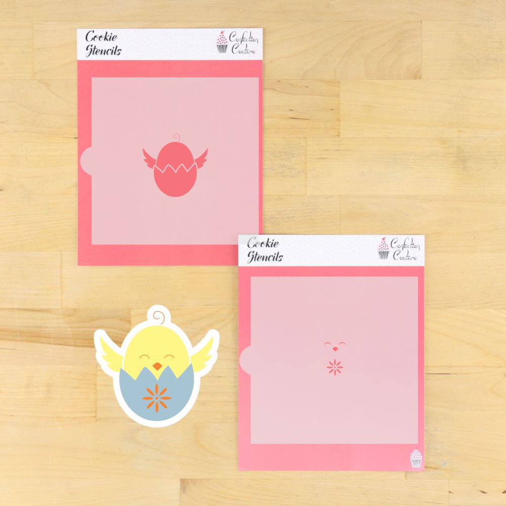 Easter chick in egg cookie stencil set featuring playful designs for holiday baking.