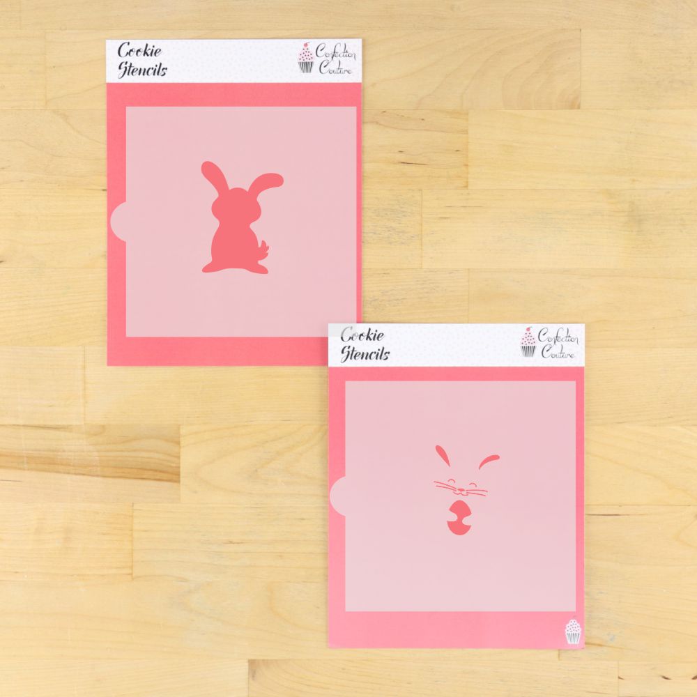 Easter Bunny cookie stencil set featuring bunny and chick designs, perfect for creating festive holiday treats.
