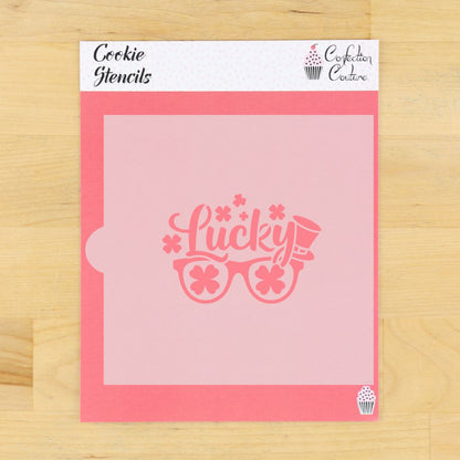 St. Patrick's Day cookie stencil featuring 'Lucky' text and glasses design for festive baking.