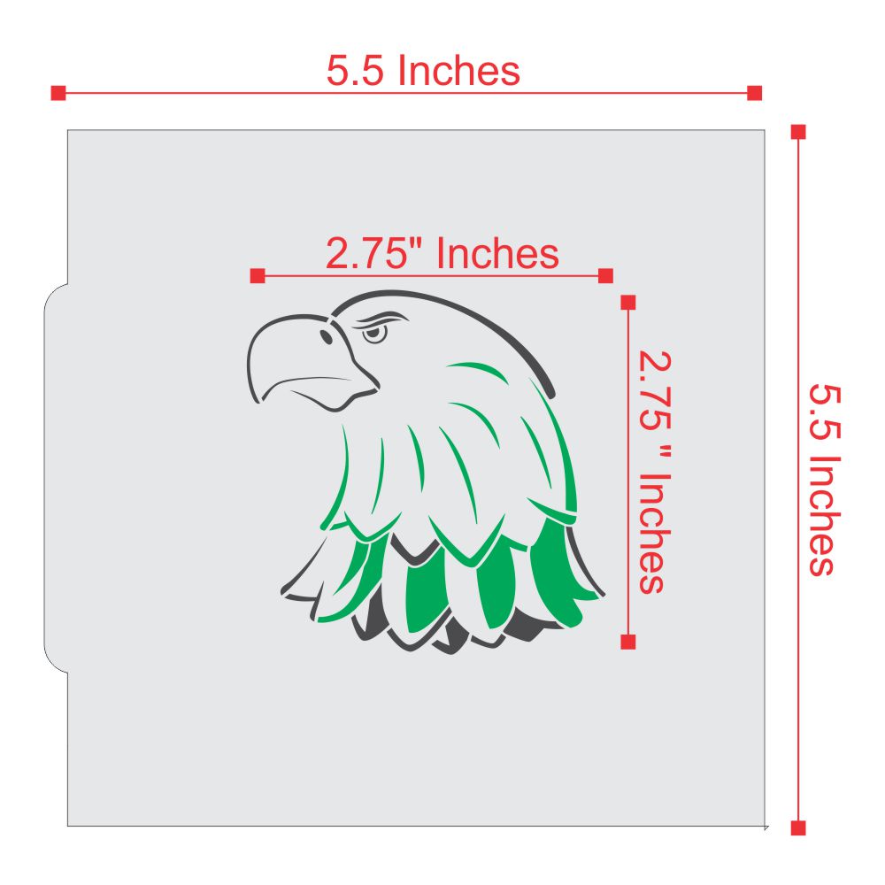 Eagle head mascot cookie stencil graphic, dimensions 5.5x5.5 inches and 2.75 inches, ideal for team pride cookies.