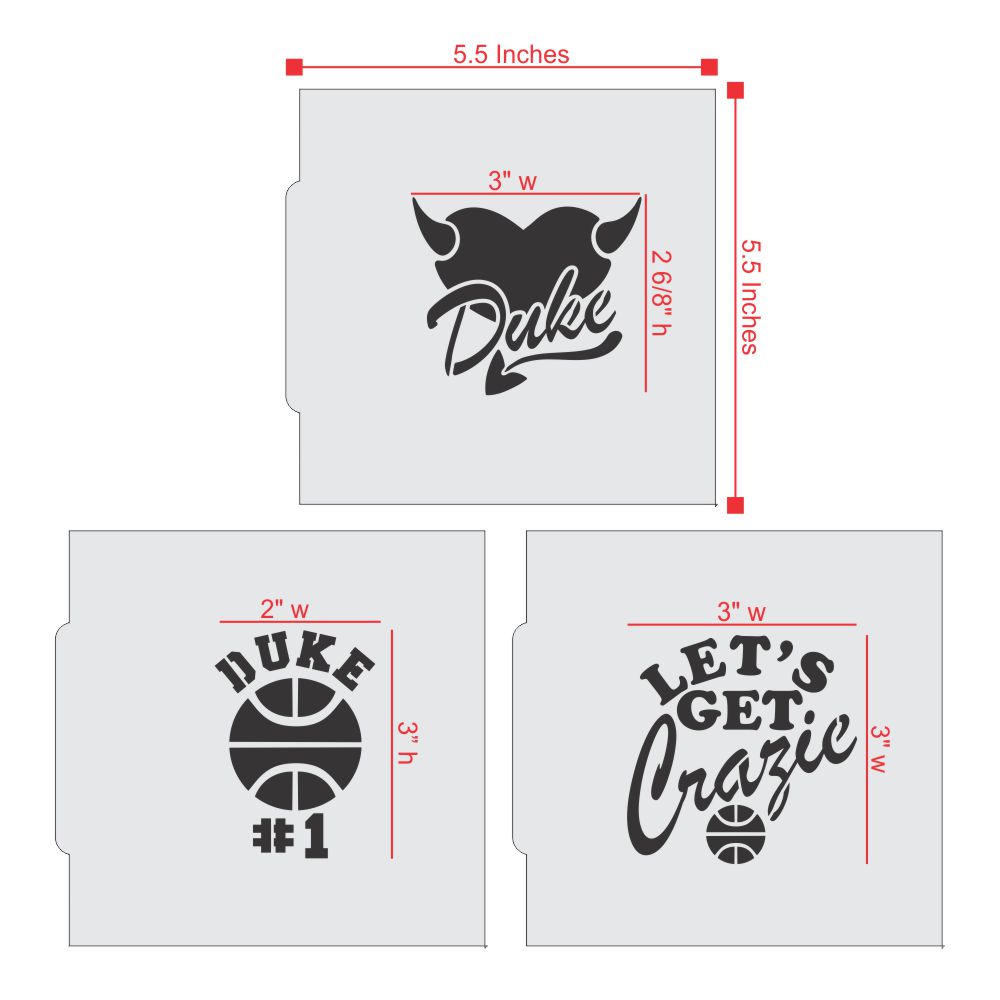 Duke basketball cookie stencil set, featuring designs like 'Let's Get Crazie' and Duke #1, perfect for cookie decorating.