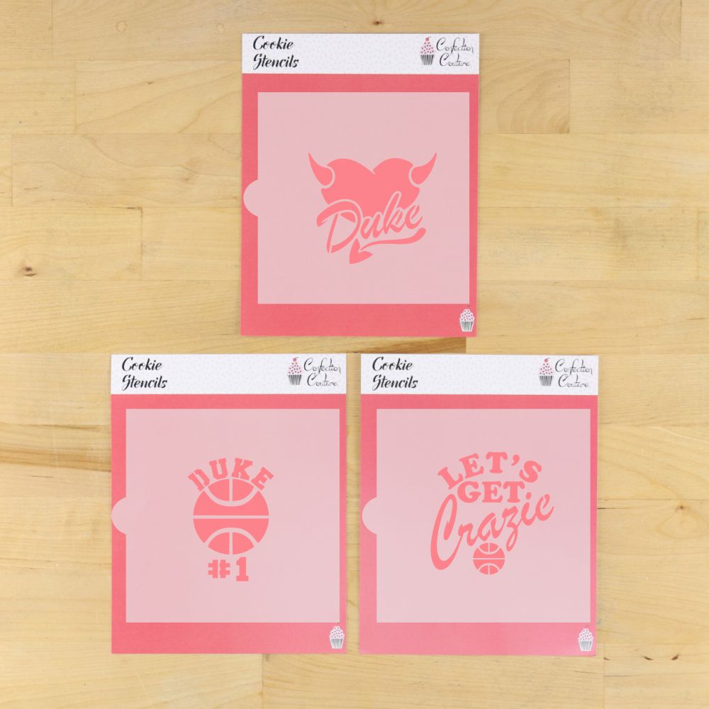 Duke cookie stencil set featuring designs: Duke logo, basketball #1, and Let's Get Crazie for decorating cookies.