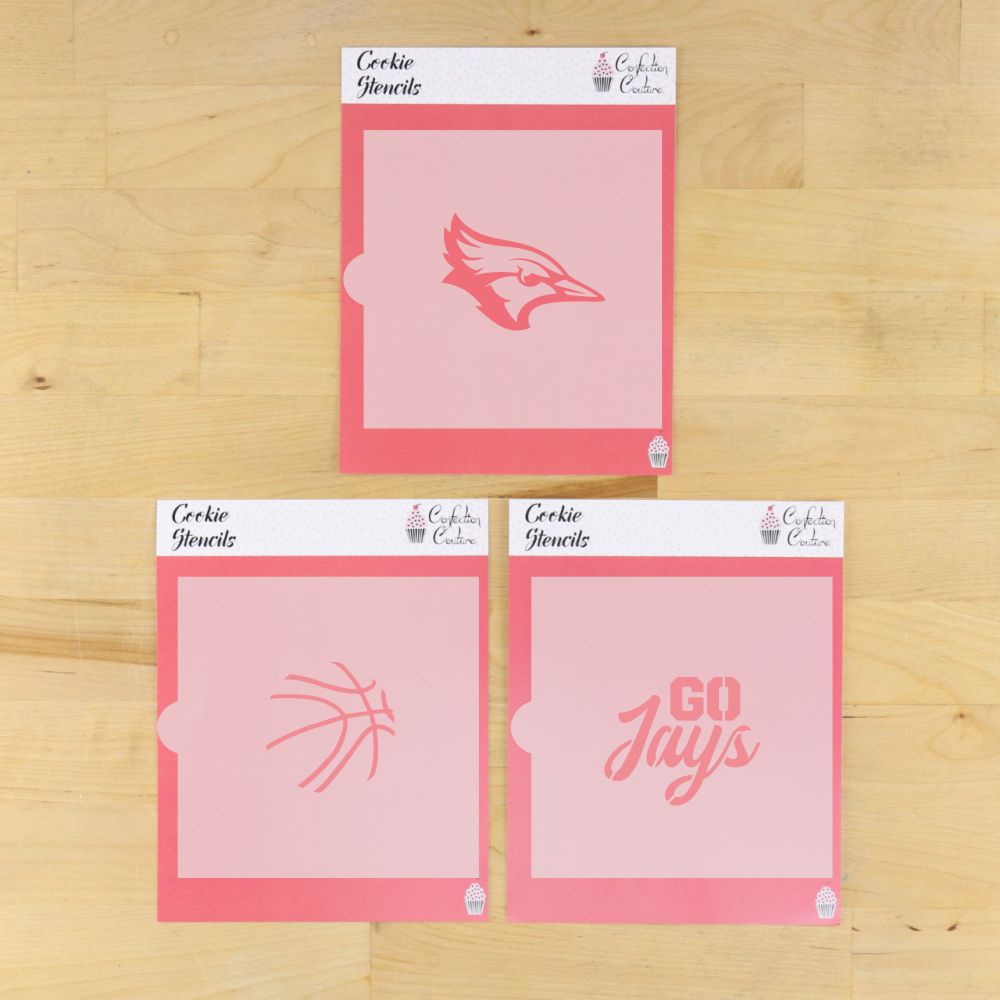 Go Jays cookie stencil set featuring basketball and Blue Jay designs for game day treats.
