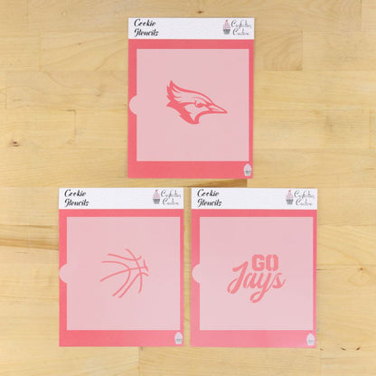 Go Jays cookie stencil set featuring basketball and Blue Jay designs for game day treats.