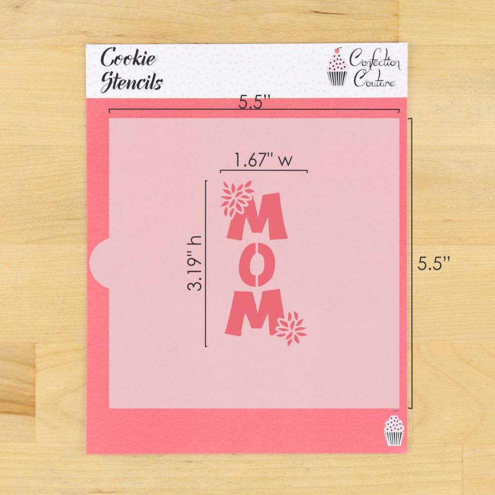 Chrysanthemum Mom cookie stencil with dimensions, perfect for Mother's Day cookie decorating.