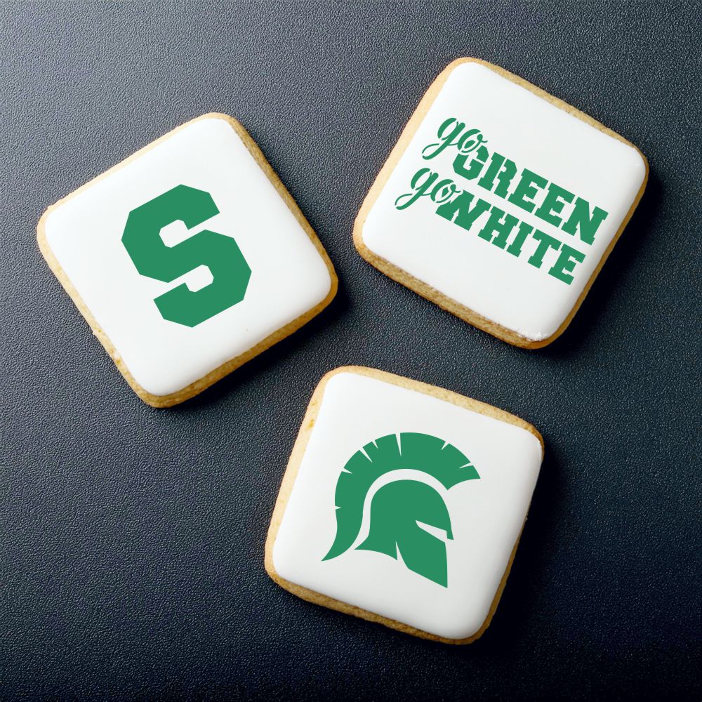 Go Green Go White cookie stencil set featuring Spartan cookies ideal for game days and celebrations.