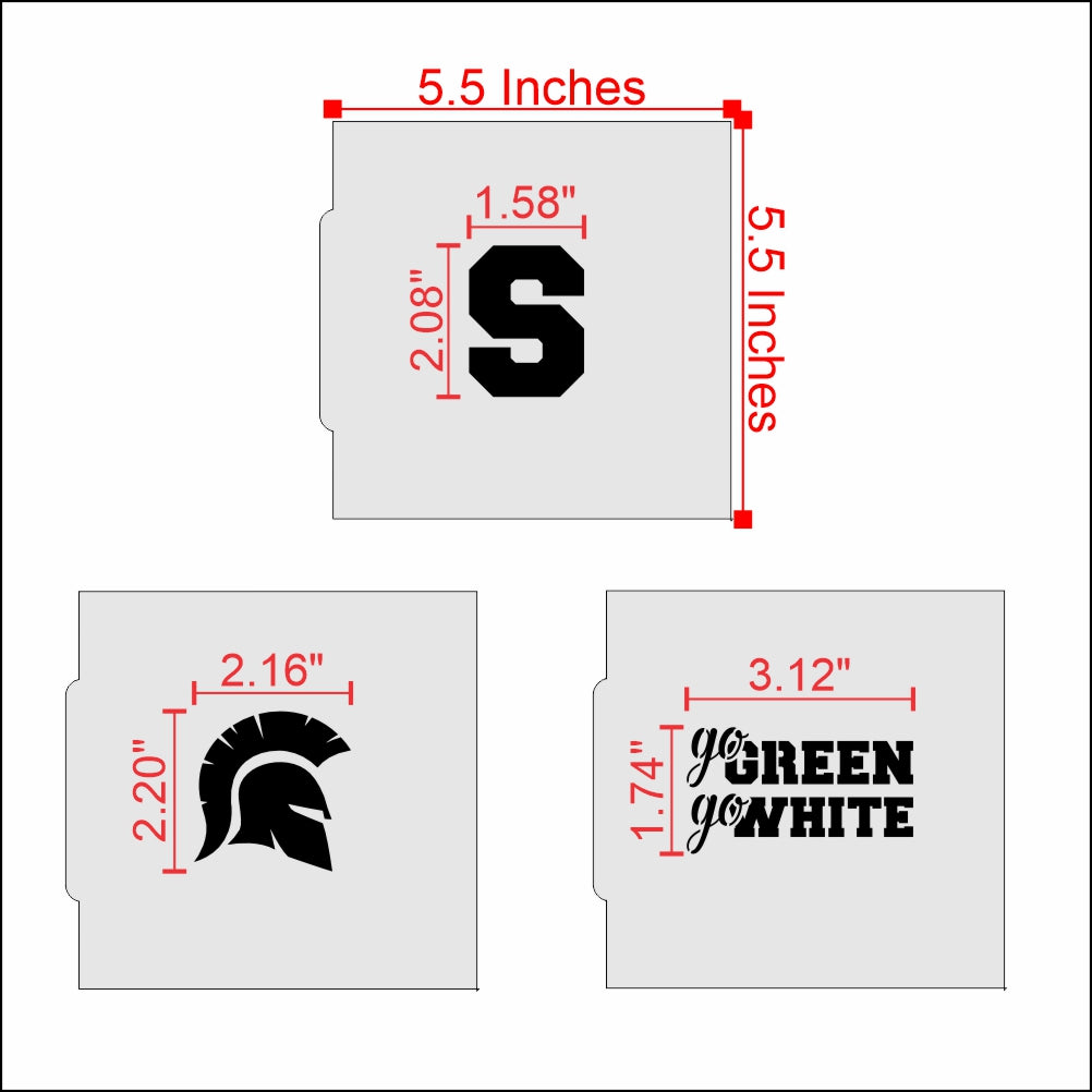 Go Green Go White cookie stencil set featuring Spartan logo and letter S, ideal for game-day cookie decorating.