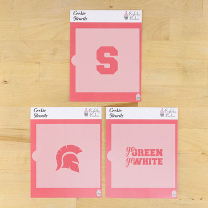 Go Green Go White Cookie Stencil Set featuring football and basketball designs for game day treats.