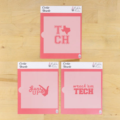 Set of three cookie stencils featuring Texas Tech designs: TCH, Guns Up, and Wreck 'Em Tech for decorating cookies.