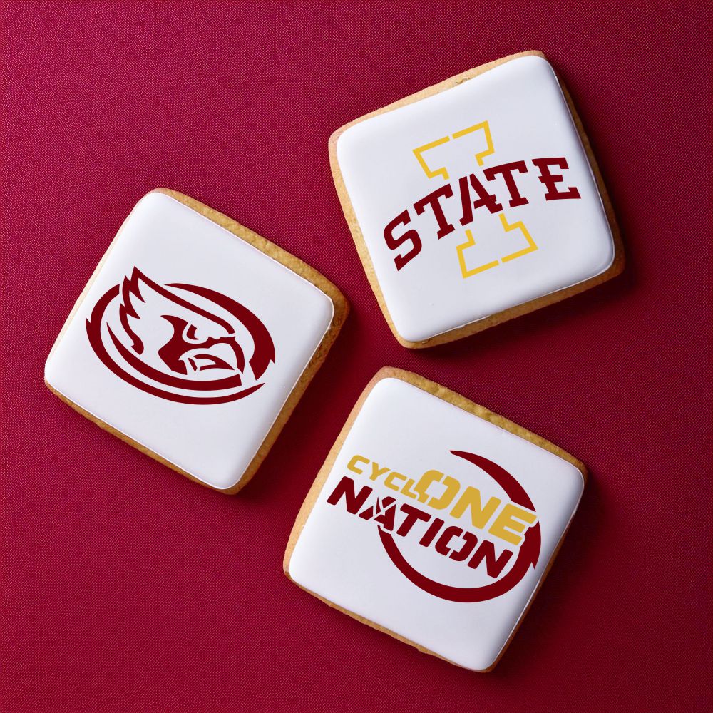 Iowa State themed cookies featuring Cyclone Nation and State logos, perfect for fans and game day treats.