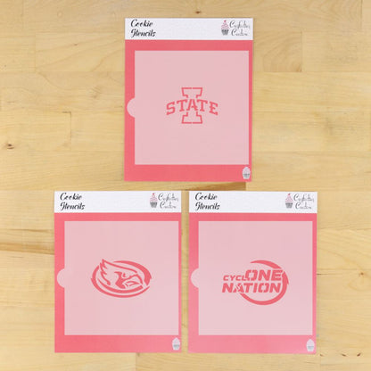 Cyclone Nation cookie stencil set featuring Iowa State logo designs, perfect for game day and celebrations.