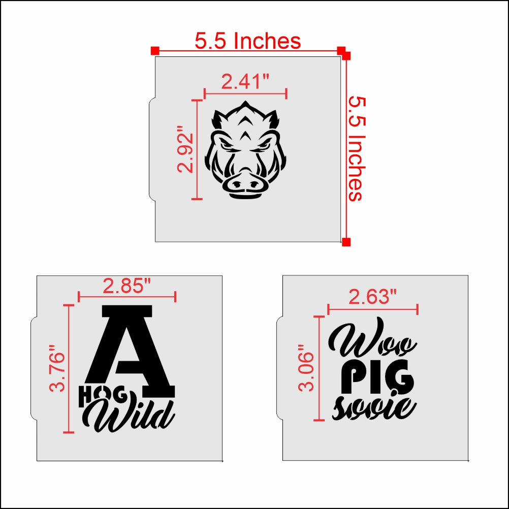 Arkansas Hog Wild Cookie Stencil Set Dimensions