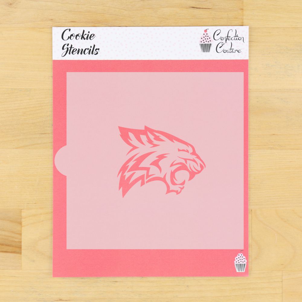 Wildcat mascot cookie stencil packaging designed for baking team spirit treats, perfect for events and celebrations.