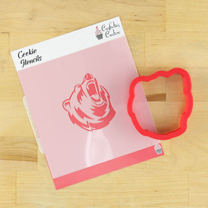 Roaring Bear mascot cookie stencil and cutter for themed cookies for Bears fans and game-day events.