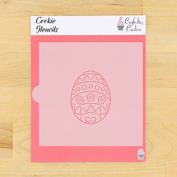 Easter Egg PYO cookie stencil on pink background, perfect for decorating cookies with edible paints.