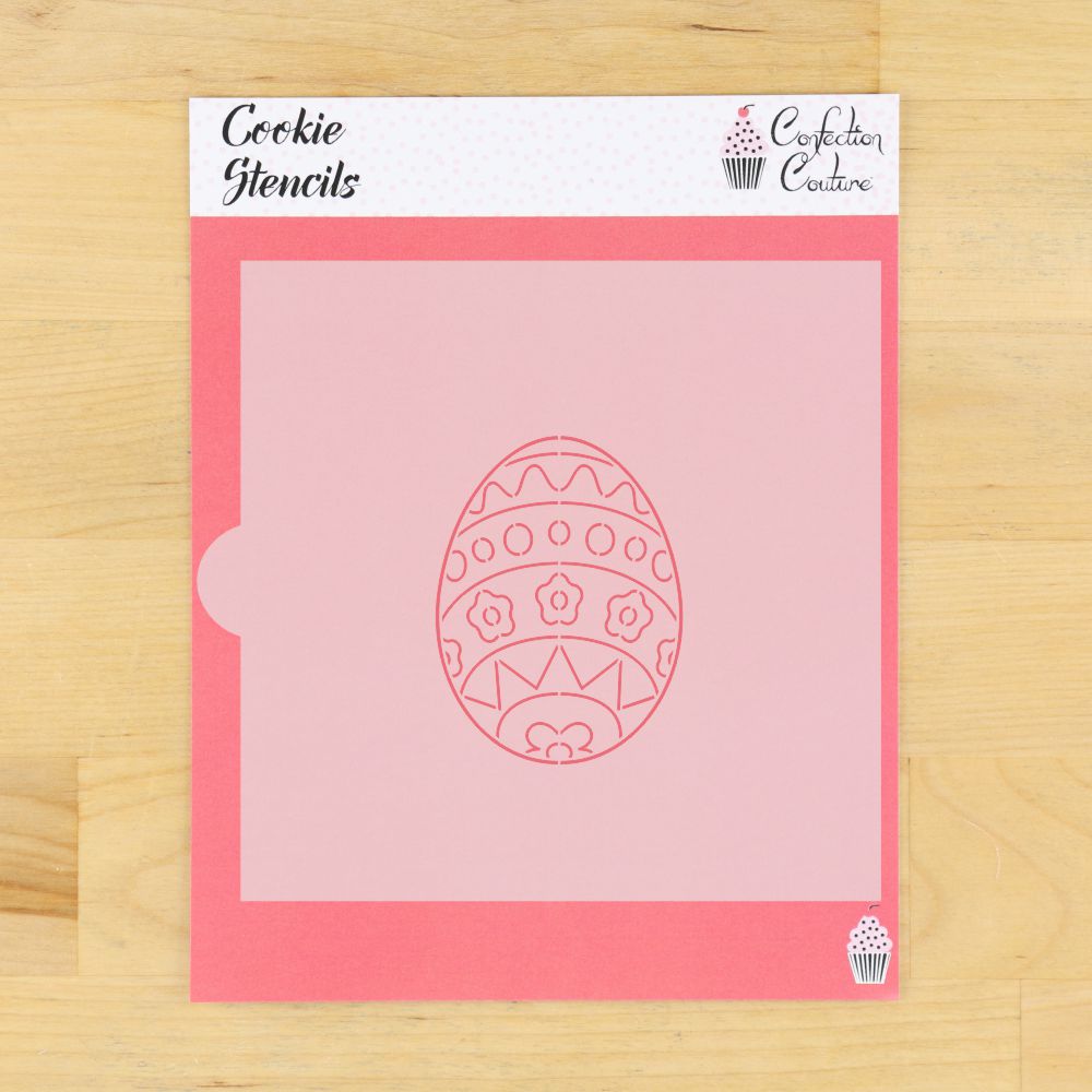 Easter Egg PYO cookie stencil on pink background, perfect for decorating cookies with edible paints.