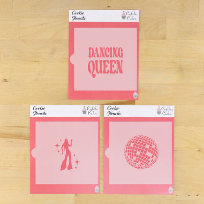 Dancing Queen cookie stencil set featuring disco ball, dancer, and text designs on pink backgrounds.