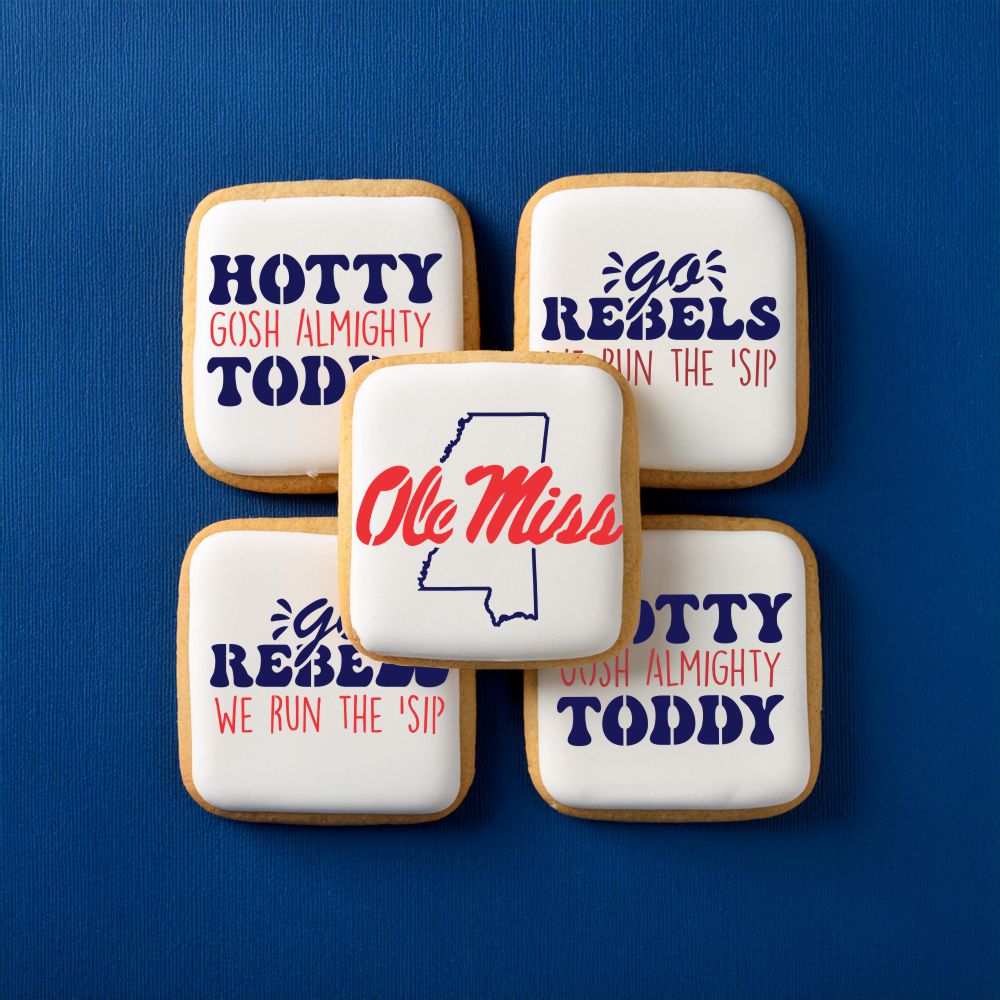 Decorative cookies featuring Ole Miss and Go Rebels designs for game day, perfect for school pride and celebrations.